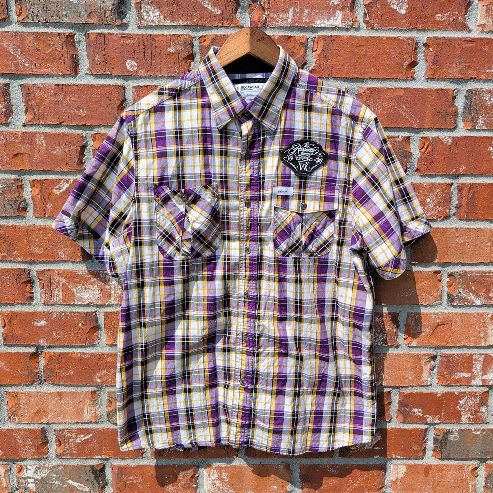 Rocawear Plaid Button Down Shirt Mens Large Purple Yellow Short Sleeve Patch
